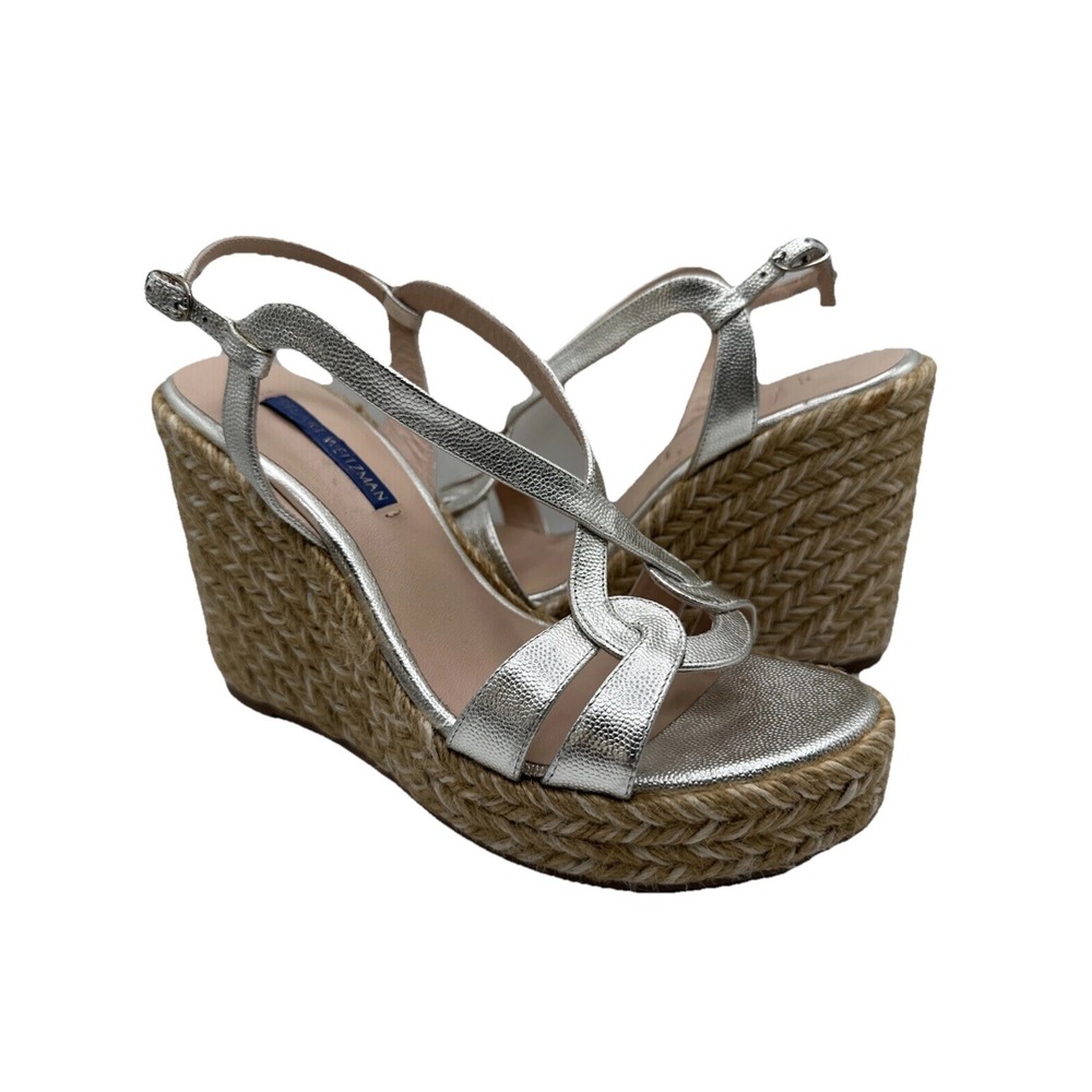 Stuart Weitzman Coquille Leather Wedge Espadrilles Silver Size 8
